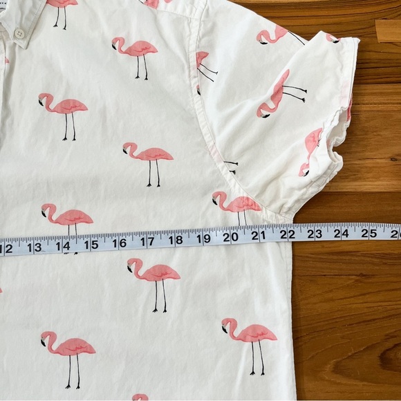 Denim & Flower Cotton Short Sleeves Button Down Shirt Pink Flamingos Slim L - Picture 8 of 9